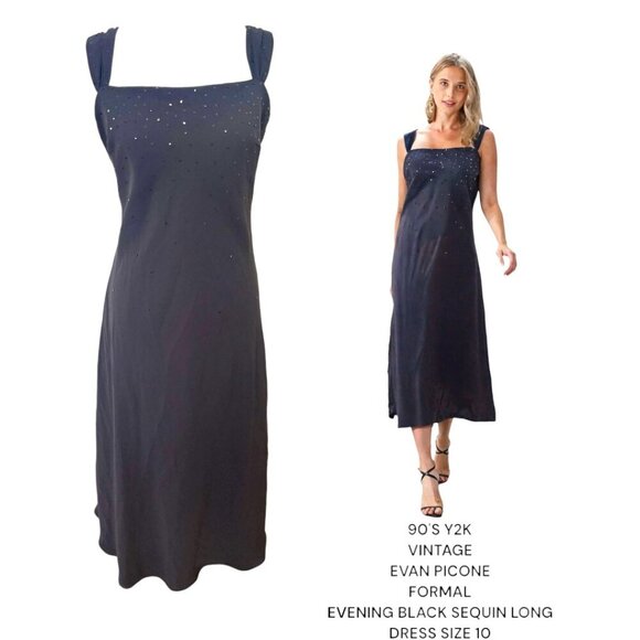 90'S Y2K VINTAGE EVAN PICCONE BLACK SEQUIN FORMAL EVENING DRESS SZ. 10 - Picture 1 of 5